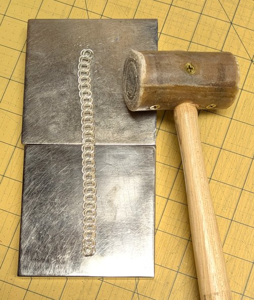 Judy Larson's Double Link Chain - , Chain Maille Jewelry, Making Chain, Chain Making , Butane Torch, Soldering, Solder, Chain Maille, chain mail, chainmaille, chainmail, , Tap lightly with rawhide mallet along length.